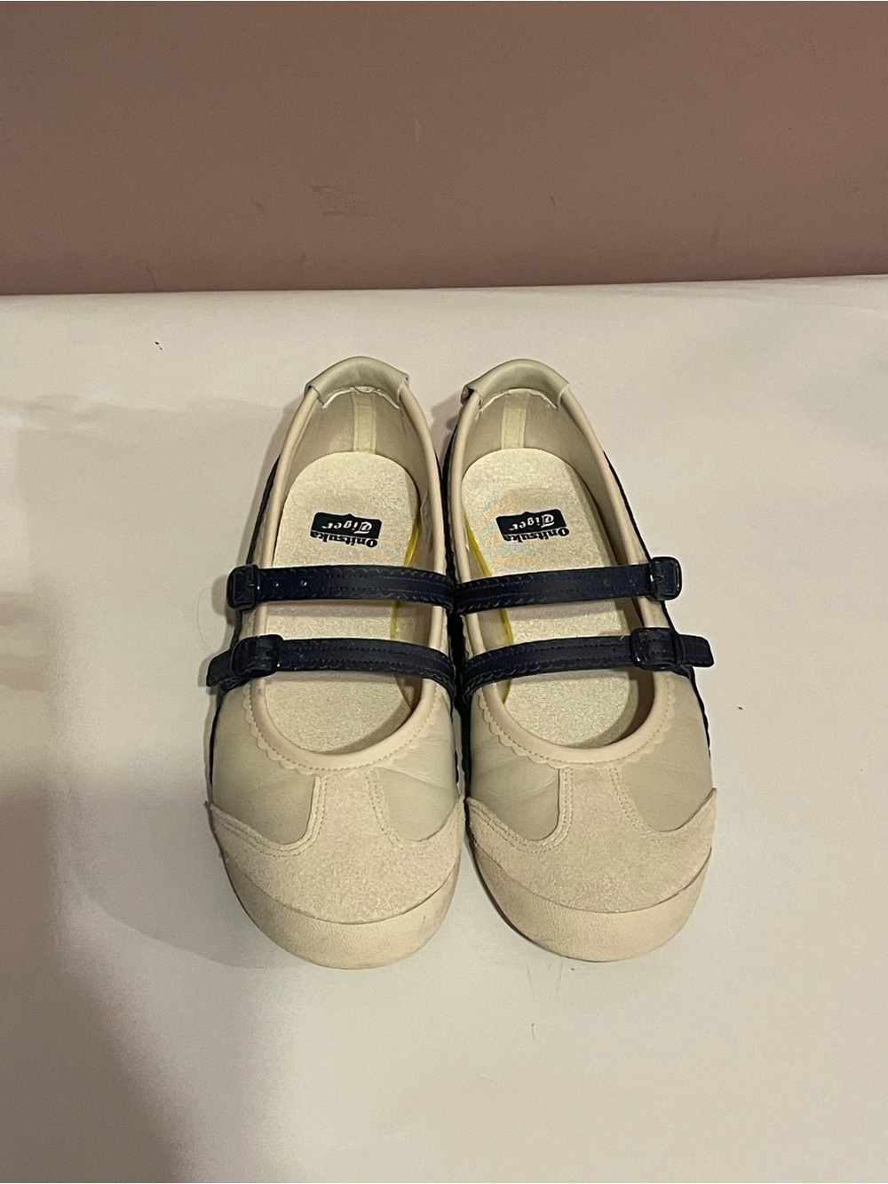 Authentic Onitsuka  Cream Mary Jane Shoes with Navy Straps